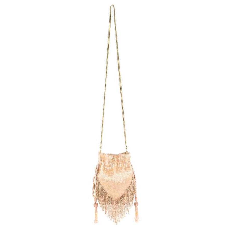 Boho Chic Beaded Fringe Drawstring Crossbody Pouch Handbag