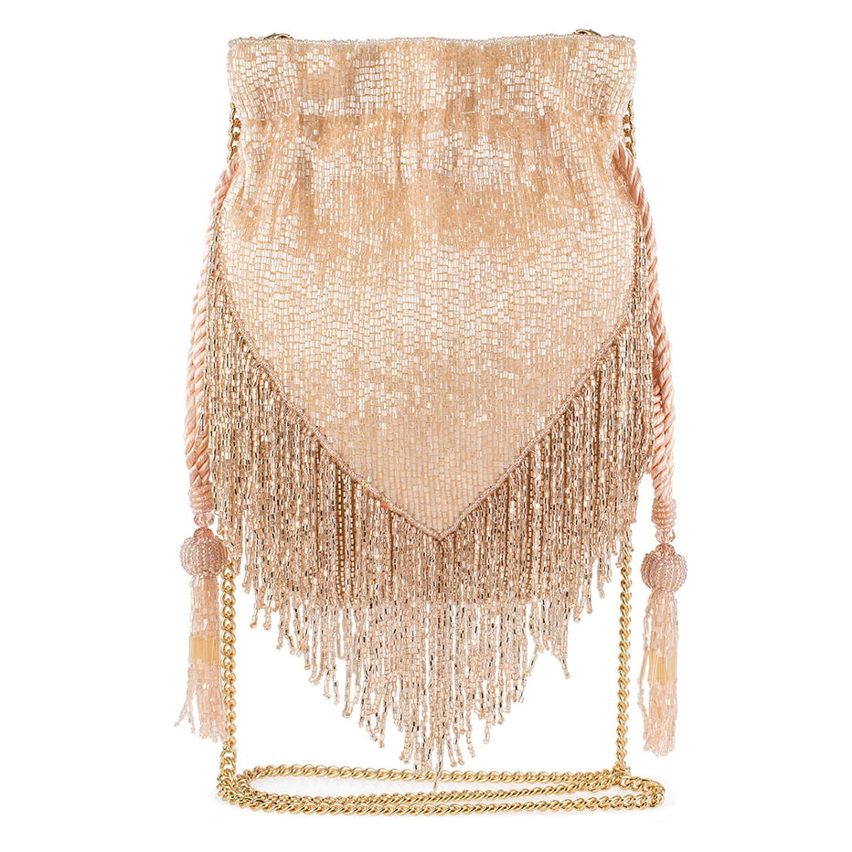 Boho Chic Beaded Fringe Drawstring Crossbody Pouch Handbag