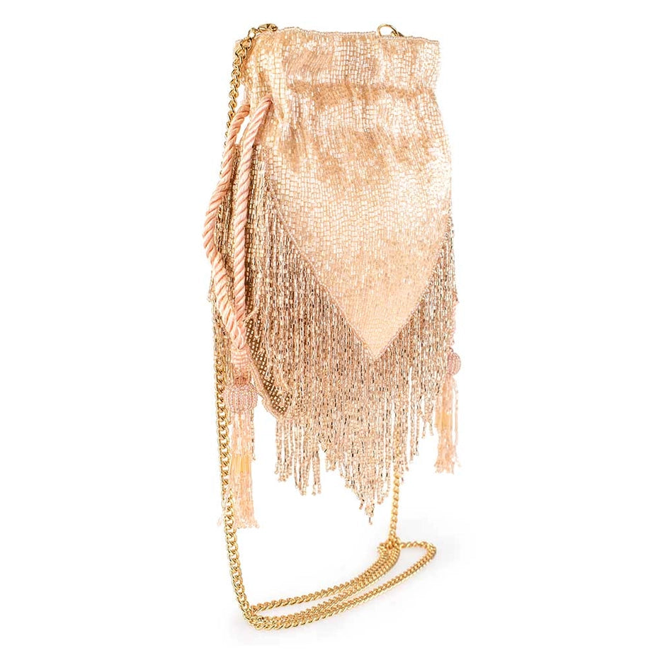 Boho Chic Beaded Fringe Drawstring Crossbody Pouch Handbag